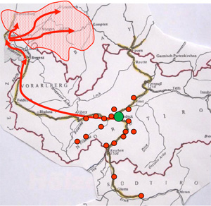 The following map shows the municipalities of origin and the path to Swabia