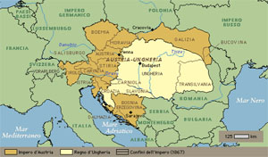 Map showing Hasburg Empire borderlines in 1867. It also shows Tyrol as the one region standing within the Empire borders