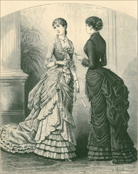 Illustration presenting of a woman’s ball dress from the 1880s nineteenth century, derived from the „Mody Paryzkie” 1883, No. 7, fig. No. 19-20, s. 5.