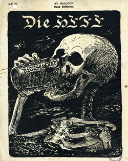 1918. Panfleto británico 21X27cm. Hell skull drinking german soldiers.